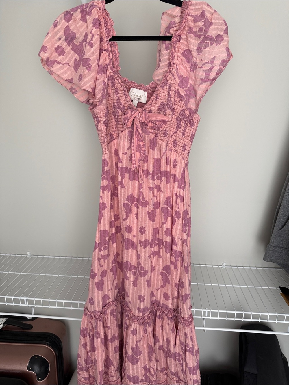 Cleobella Pink Floral Midi Dress with Puff Sleeves